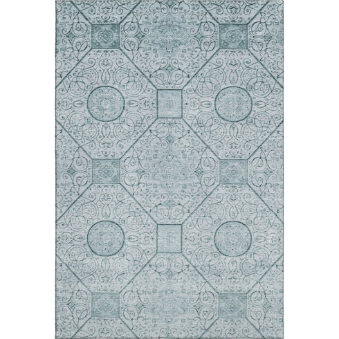 9' X 12' Aqua And Ivory Geometric Washable Area Rug With UV Protection