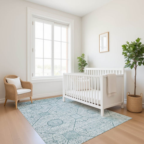 9' X 12' Aqua And Ivory Geometric Washable Area Rug With UV Protection