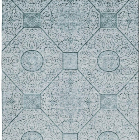 9' X 12' Aqua And Ivory Geometric Washable Area Rug With UV Protection