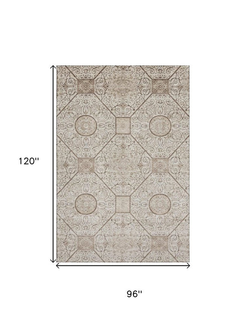 8' X 10' Beige And Brown Geometric Washable Area Rug With UV Protection