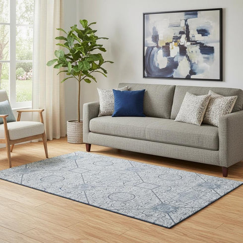 5' X 8' Blue And Ivory Geometric Washable Area Rug With UV Protection