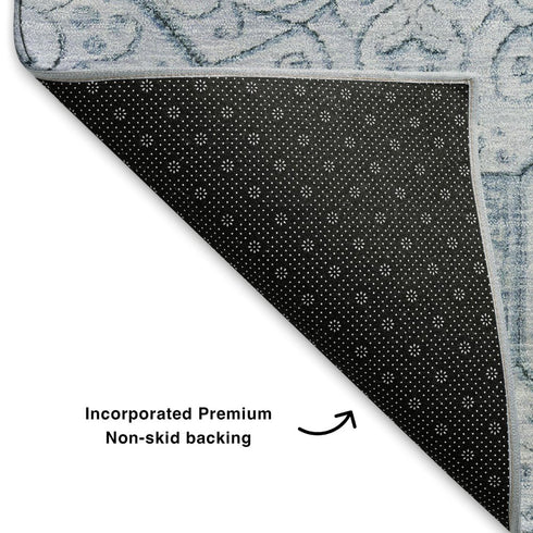 5' X 8' Blue And Ivory Geometric Washable Area Rug With UV Protection