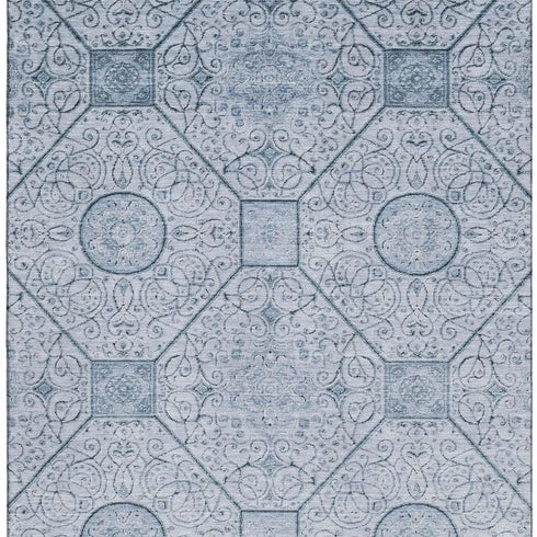 5' X 8' Blue And Ivory Geometric Washable Area Rug With UV Protection
