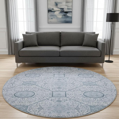 8' Blue And Ivory Geometric Washable Round Rug With UV Protection