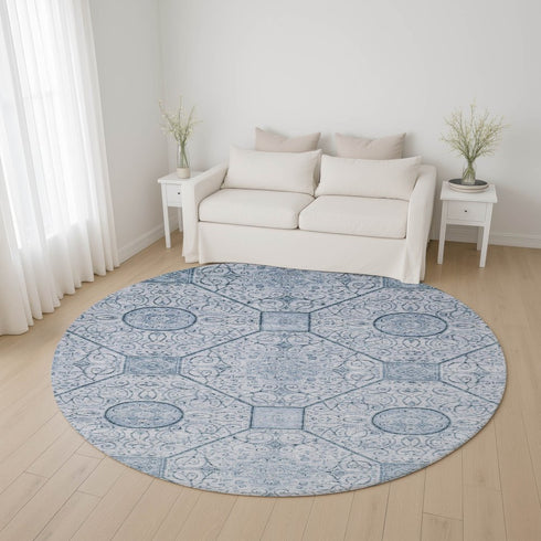 8' Blue And Ivory Geometric Washable Round Rug With UV Protection