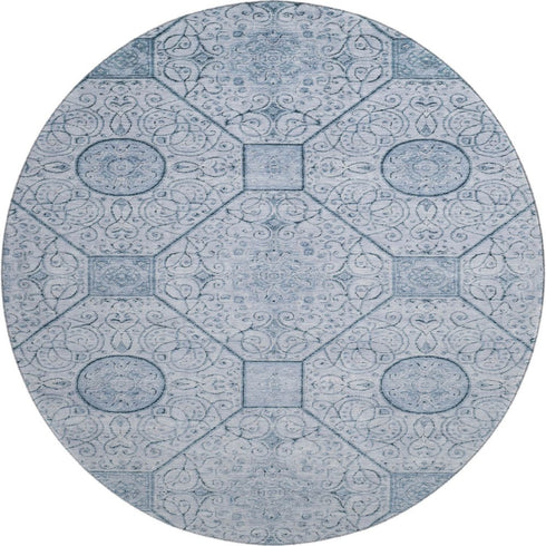 8' Blue And Ivory Geometric Washable Round Rug With UV Protection