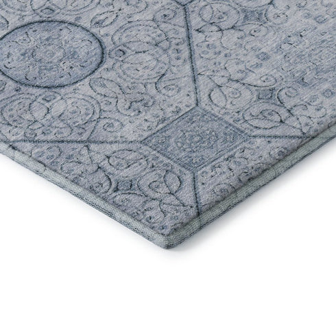8' Blue And Ivory Geometric Washable Round Rug With UV Protection