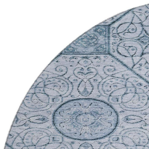 8' Blue And Ivory Geometric Washable Round Rug With UV Protection