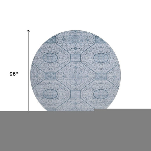 8' Blue And Ivory Geometric Washable Round Rug With UV Protection