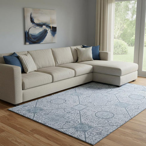 8' X 10' Blue And Ivory Geometric Washable Area Rug With UV Protection