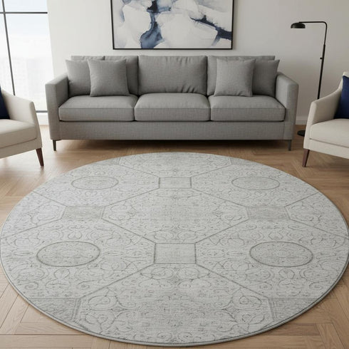 8' Silver And Gray Geometric Washable Round Rug With UV Protection