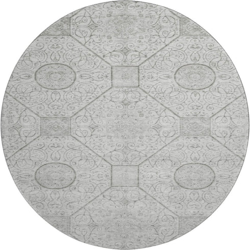 8' Silver And Gray Geometric Washable Round Rug With UV Protection