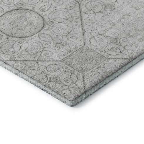8' Silver And Gray Geometric Washable Round Rug With UV Protection