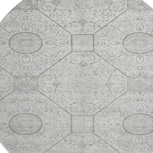 8' Silver And Gray Geometric Washable Round Rug With UV Protection