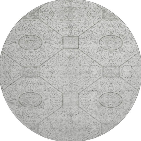 8' Silver And Gray Geometric Washable Round Rug With UV Protection