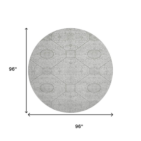 8' Silver And Gray Geometric Washable Round Rug With UV Protection