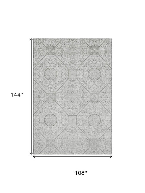 9' X 12' Silver And Gray Geometric Washable Area Rug With UV Protection
