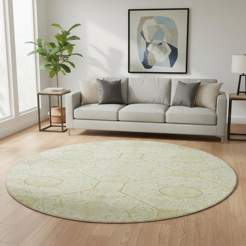 8' Wheat And Gold Geometric Washable Round Rug With UV Protection