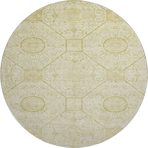 8' Wheat And Gold Geometric Washable Round Rug With UV Protection
