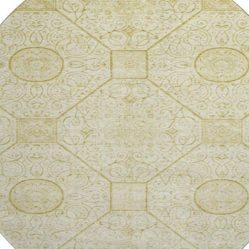8' Wheat And Gold Geometric Washable Round Rug With UV Protection