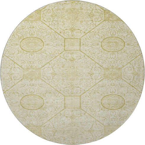 8' Wheat And Gold Geometric Washable Round Rug With UV Protection