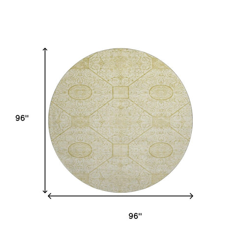 8' Wheat And Gold Geometric Washable Round Rug With UV Protection