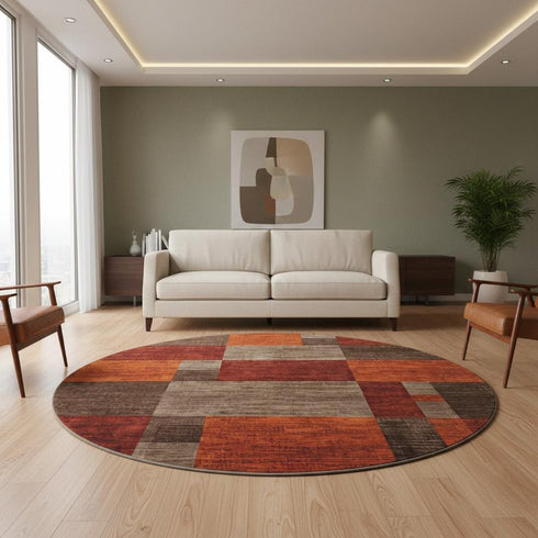8' Chocolate Orange And Rust Geometric Washable Round Rug With UV Protection