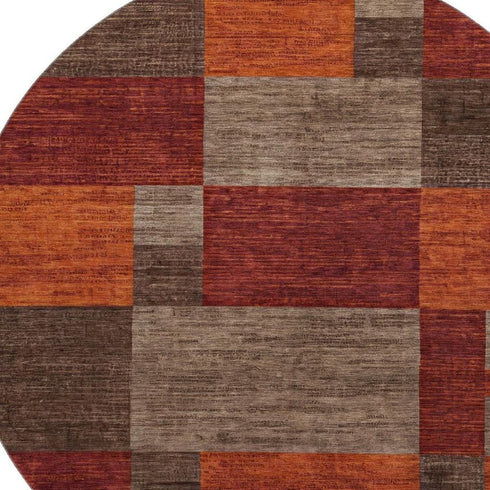 8' Chocolate Orange And Rust Geometric Washable Round Rug With UV Protection