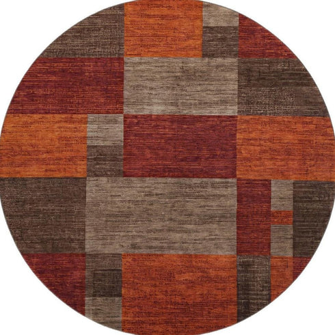 8' Chocolate Orange And Rust Geometric Washable Round Rug With UV Protection