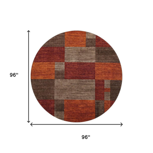 8' Chocolate Orange And Rust Geometric Washable Round Rug With UV Protection
