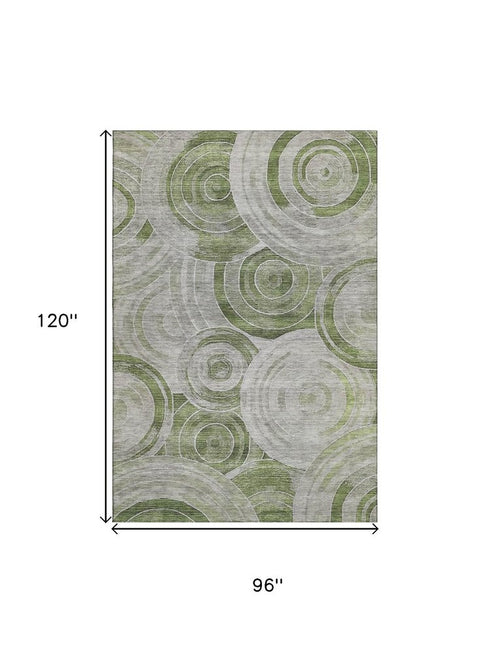 8' X 10' Artichoke Green Gray And Silver Geometric Washable Area Rug With UV Protection
