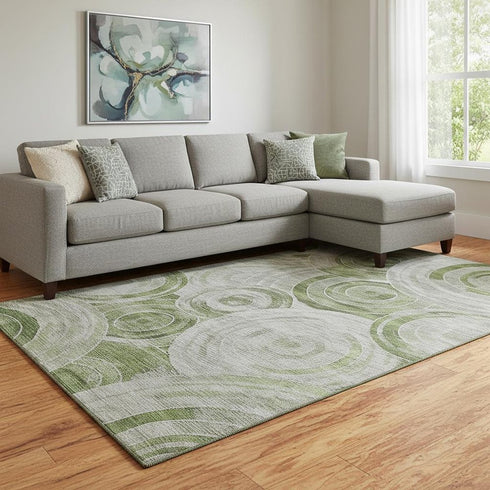 8' X 10' Artichoke Green Gray And Silver Geometric Washable Area Rug With UV Protection