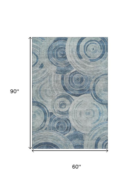 5' X 8' Blue And Gray Geometric Washable Area Rug With UV Protection