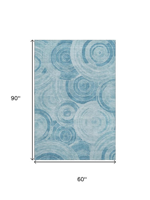 5' X 8' Denim Blue And Sky Blue Geometric Washable Area Rug With UV Protection