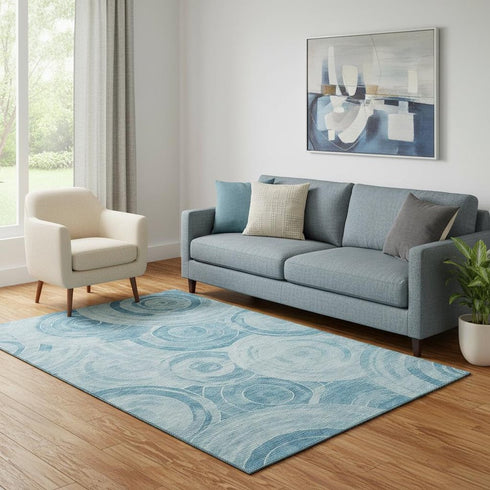5' X 8' Denim Blue And Sky Blue Geometric Washable Area Rug With UV Protection