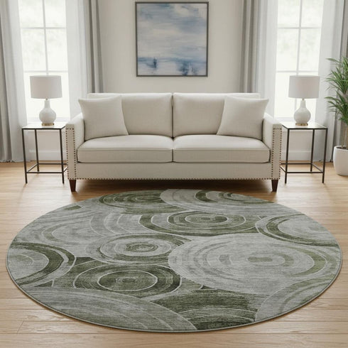 8' Taupe And Beige Geometric Washable Round Rug With UV Protection