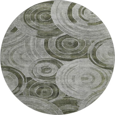 8' Taupe And Beige Geometric Washable Round Rug With UV Protection