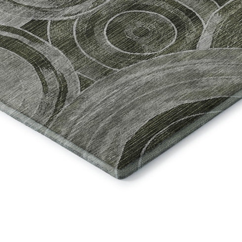 8' Taupe And Beige Geometric Washable Round Rug With UV Protection