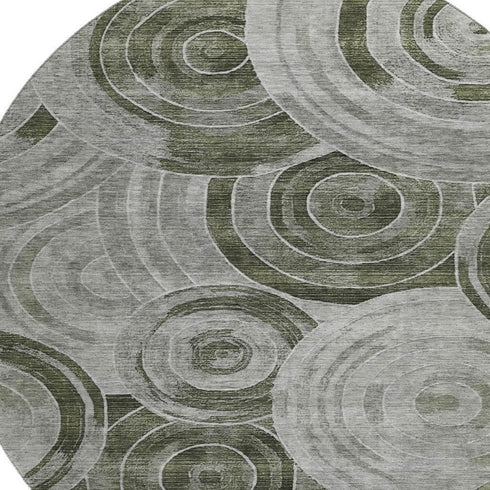 8' Taupe And Beige Geometric Washable Round Rug With UV Protection