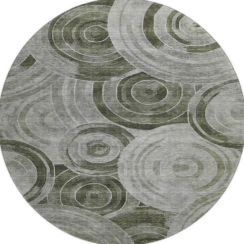 8' Taupe And Beige Geometric Washable Round Rug With UV Protection