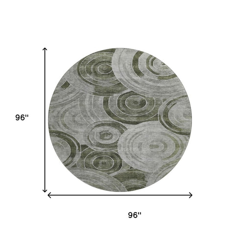 8' Taupe And Beige Geometric Washable Round Rug With UV Protection
