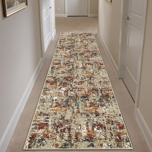 Beige Red And Ivory Abstract Washable Area Rug