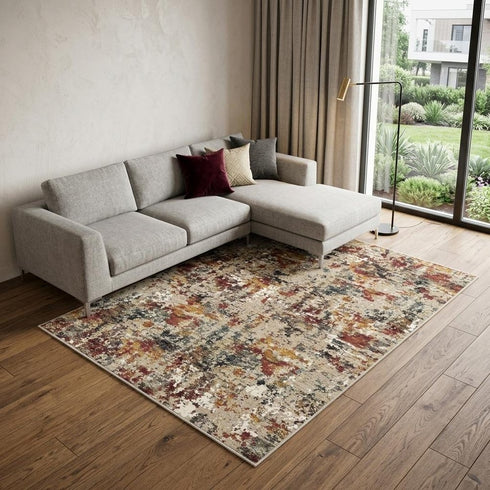 Beige Red And Ivory Abstract Washable Area Rug
