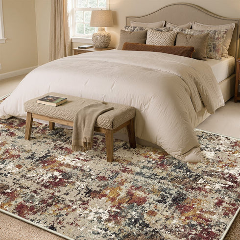 Beige Red And Ivory Abstract Washable Area Rug