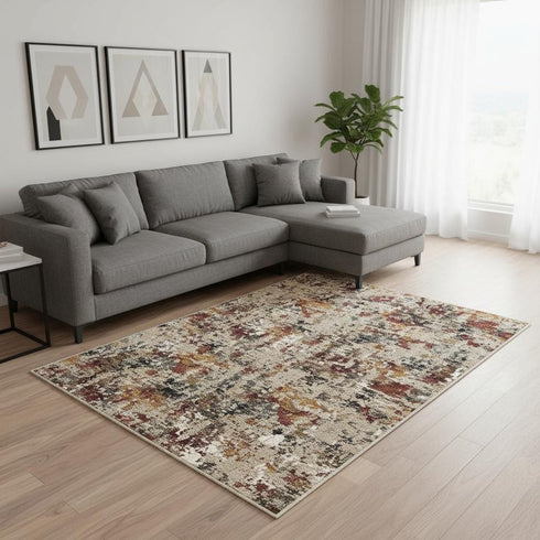 Beige Red And Ivory Abstract Washable Area Rug