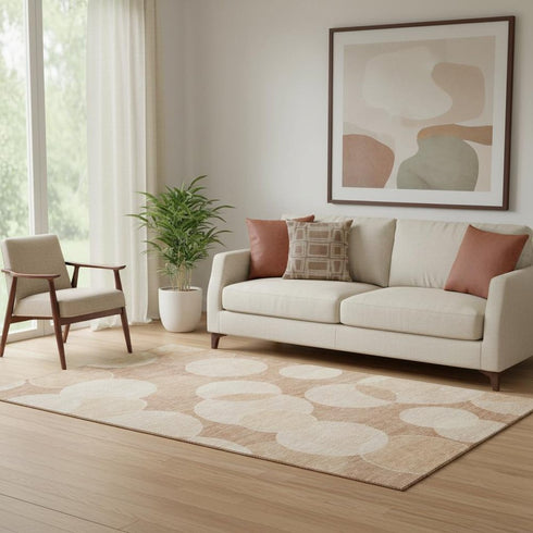 5' X 8' Coral And Peach Geometric Washable Area Rug With UV Protection