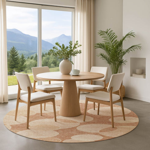 8' Coral And Peach Geometric Washable Round Rug With UV Protection
