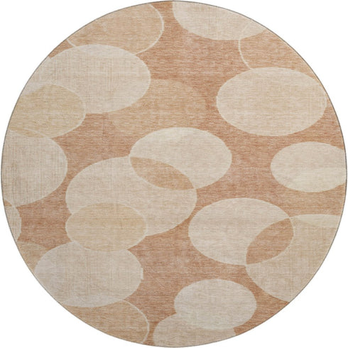 8' Coral And Peach Geometric Washable Round Rug With UV Protection