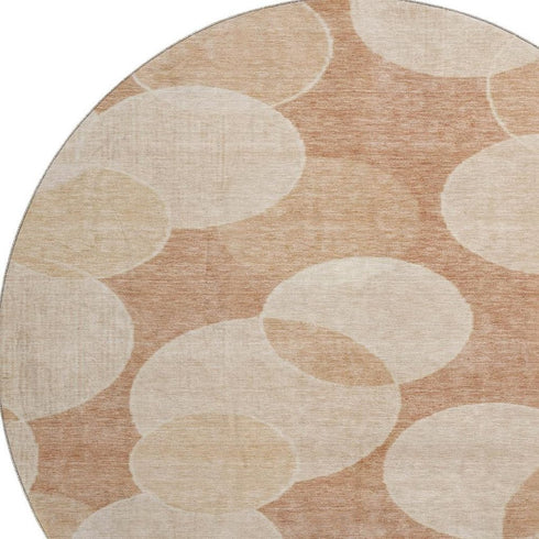 8' Coral And Peach Geometric Washable Round Rug With UV Protection