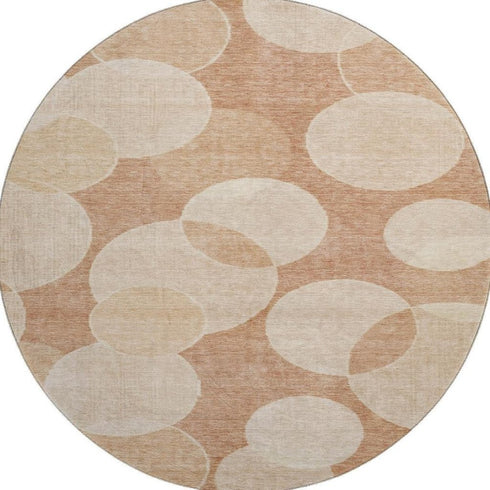 8' Coral And Peach Geometric Washable Round Rug With UV Protection